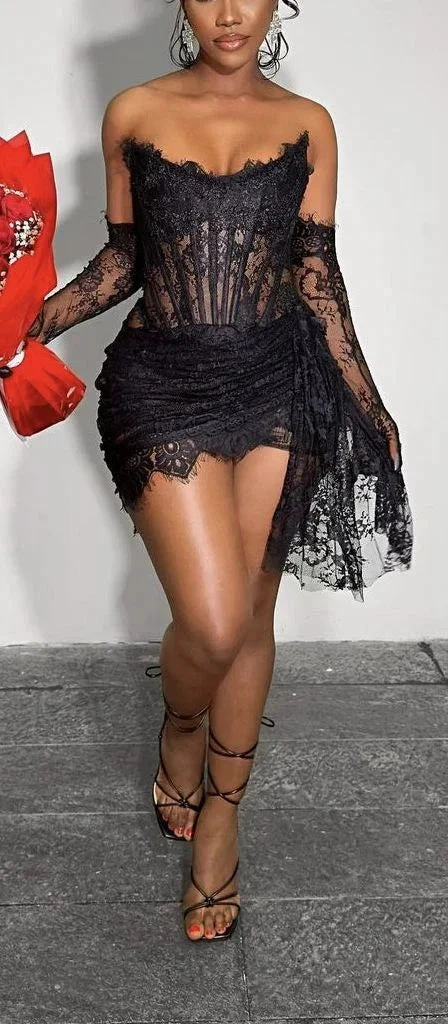 Sexy Black Lace Homecoming Dress Strapless Party Dress Y2223 by simplepromdress
