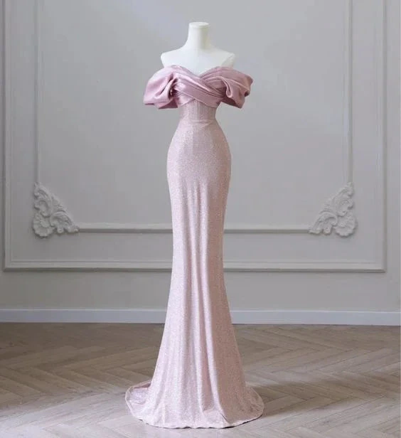 Flesh Pink Sequin Evening Gown Elegant Women's Off Shoulder Party Prom Evening Dress Y6963 by simplepromdress