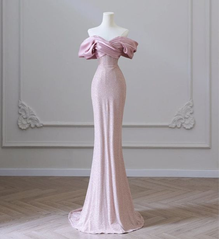 Fleischrosa Pailletten Abendkleid Elegantes Damen Schulterfrei Party Prom Abendkleid Y6963