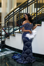 Luxury Glacial Silver Beaded Prom Dress – Crystal Fringe Mermaid Gown with Feather Accents | 2026 Couture Evening Collection (ZD17400)
