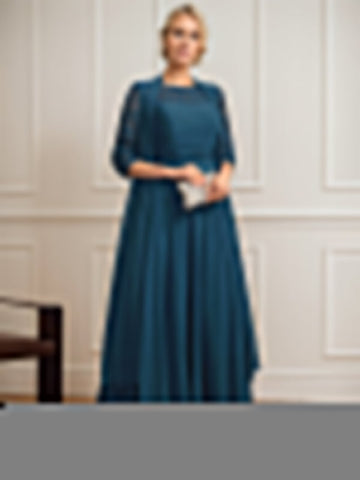 A-line Scoop Illusion Floor-Length Lace Chiffon Mother of the Bride Dress With Pleated