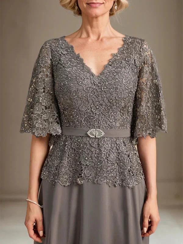 A-line V-Neck Floor-Length Chiffon Lace Mother of the Bride Dress With Crystal Brooch Rhinestone by Dreamylily