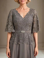 A-line V-Neck Floor-Length Chiffon Lace Mother of the Bride Dress With Crystal Brooch Rhinestone by Dreamylily