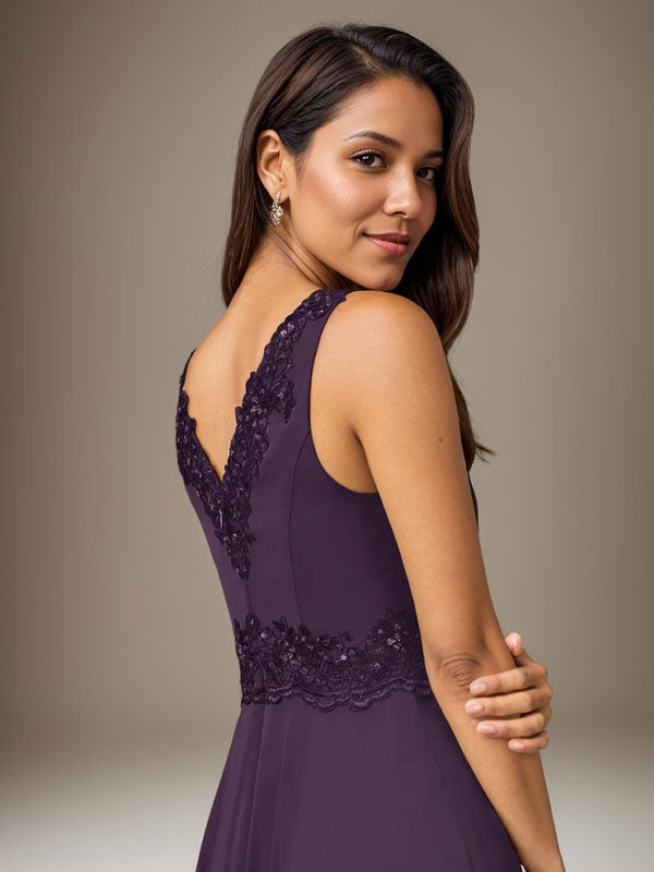 Plum A-Line Sequins Chiffon Dress