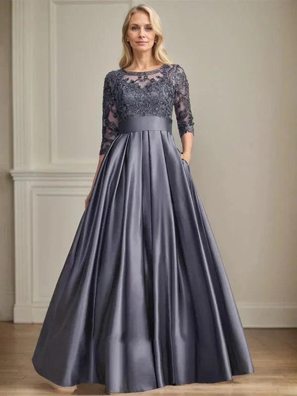 A-line Scoop Illusion Floor-Length Satin Lace Mother of the Bride Dress With Sequins Bow by Dreamylily
