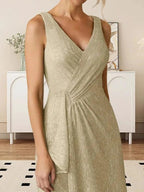 A-Line V-Neck Ruched Metallic Mesh Dress by Dreamylily