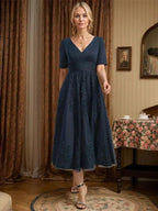 A-line V-Neck Tea-Length Tulle Lace Mother of the Bride Dress With Pleated by Dreamylily