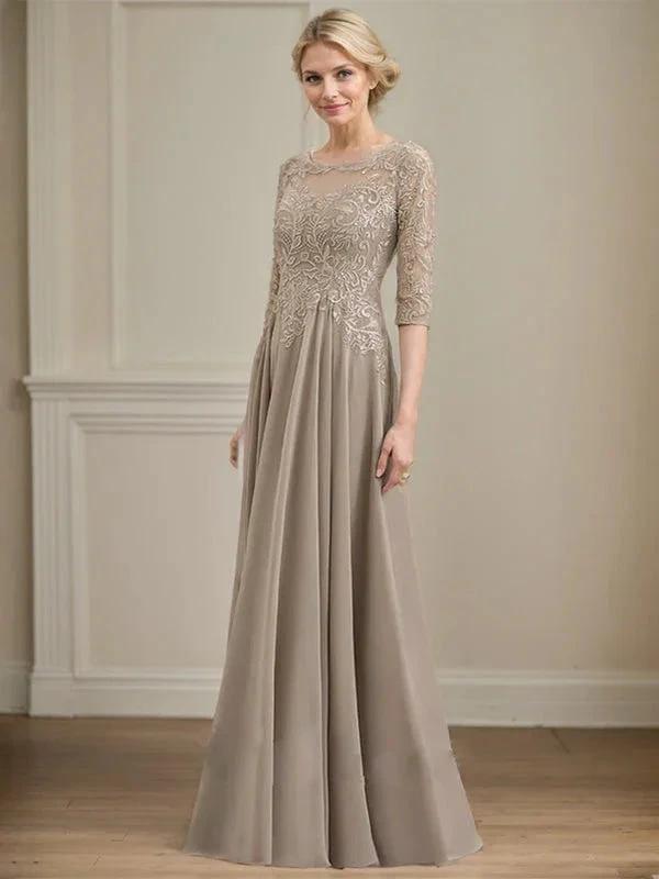 A-line Scoop Illusion Floor-Length Lace Chiffon Mother of the Bride Dress With Sequins by Dreamylily