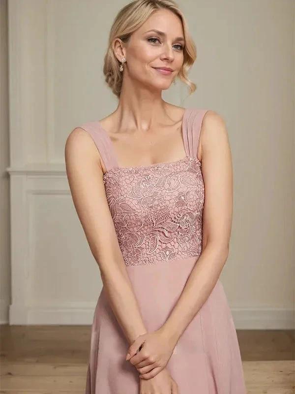 A-line Square Tea-Length Chiffon Lace Mother of the Bride Dress With Sequins Beading by Dreamylily