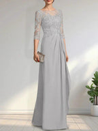 A-line Scoop Illusion Floor-Length Chiffon Lace Mother of the Bride Dress With Beading Sequins Cascading Ruffles by Dreamylily