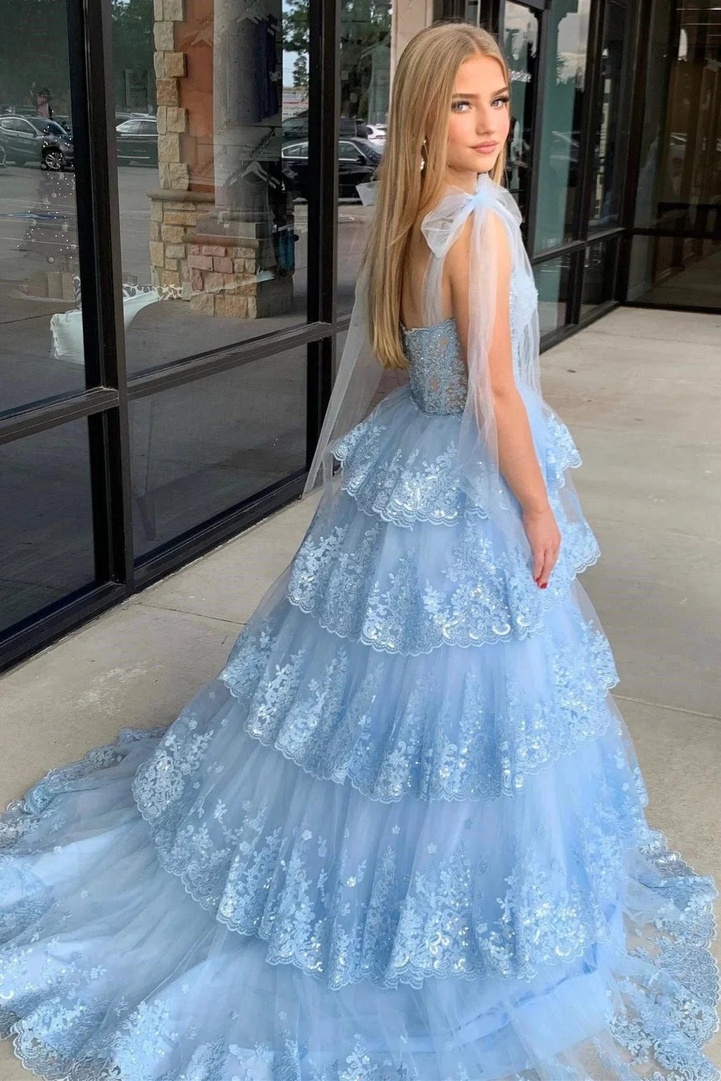 Thelma | Light Blue Tulle Appliques Tying Strap Ruffle Tiered Long Prom Dress by KissProm