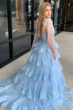 Thelma | Light Blue Tulle Appliques Tying Strap Ruffle Tiered Long Prom Dress by KissProm