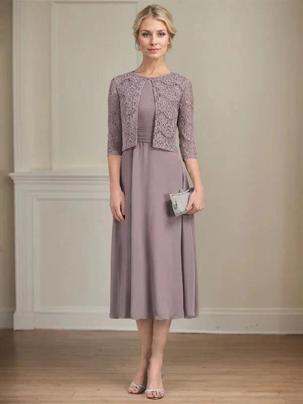 A-line Scoop Tea-Length Chiffon Mother of the Bride Dress With Pleated by Dreamylily