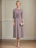 A-line Scoop Tea-Length Chiffon Mother of the Bride Dress With Pleated by Dreamylily