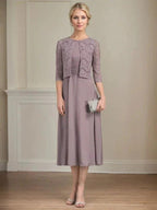 A-line Scoop Tea-Length Chiffon Mother of the Bride Dress With Pleated by Dreamylily