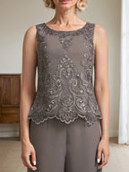 Separates Jumpsuit/Pantsuit Scoop Floor-Length Chiffon Lace Mother of the Bride Dress With Beading Sequins