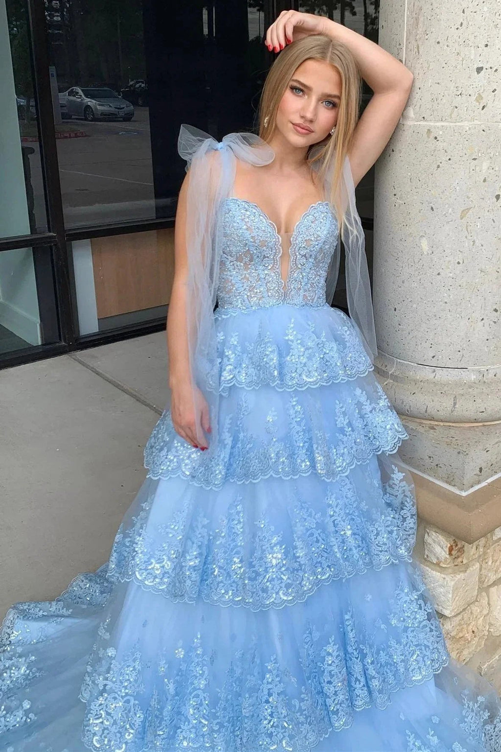 Thelma | Light Blue Tulle Appliques Tying Strap Ruffle Tiered Long Prom Dress by KissProm