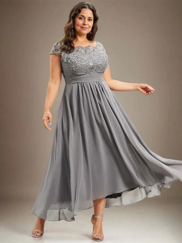 A-line Scoop Illusion Asymmetrical Lace Chiffon Mother of the Bride Dress With Pleated by Dreamylily