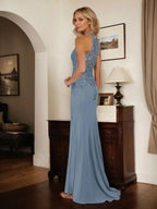 Dusty Blue Sheath Halter Long Mother of Bride Dress With Appliques by Dreamylily