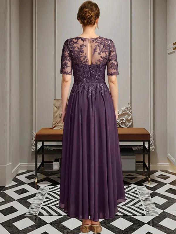 A-line Scoop Illusion Asymmetrical Chiffon Lace Mother of the Bride Dress With Sequins by Dreamylily