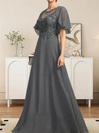 A-line Scoop Illusion Floor-Length Lace Chiffon Mother of the Bride Dress With Sequins by Dreamylily