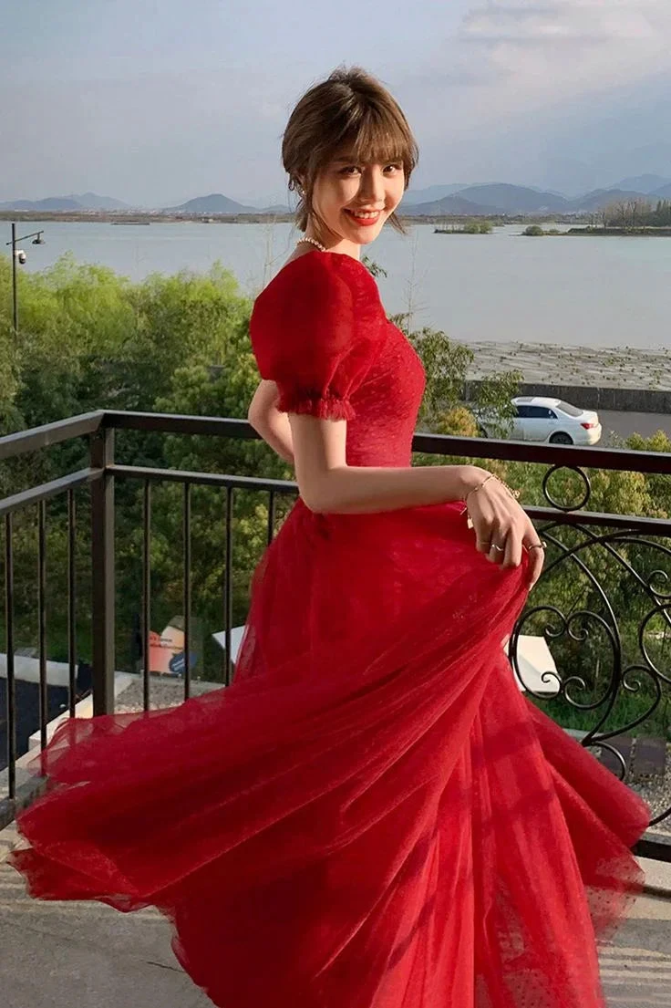 Pretty Red Tulle A Line Prom Dress Long Evening Dress Y7771 by simplepromdress