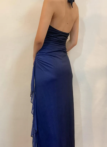 Vestido largo de gasa con escote en V y cuello halter, sexy, azul marino, degradado, para fiesta de graduación, Y7486