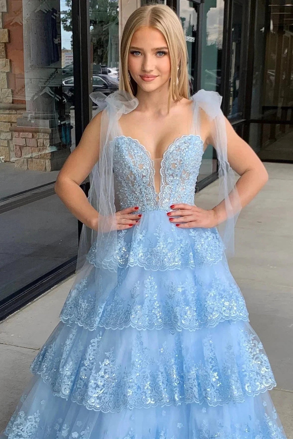 Thelma | Light Blue Tulle Appliques Tying Strap Ruffle Tiered Long Prom Dress by KissProm