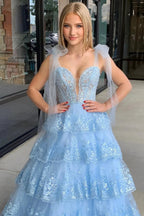 Thelma | Light Blue Tulle Appliques Tying Strap Ruffle Tiered Long Prom Dress by KissProm