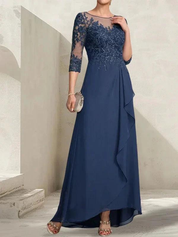 A-line Scoop Illusion Asymmetrical Lace Chiffon Mother of the Bride Dress With Sequins Cascading Ruffles by Dreamylily