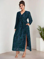 A-Line V-Neck Long Sleeves Velvet Tea-Length Mother of the Bride Dress With Split by Dreamylily