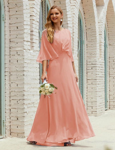Sunnderly  Bridesmaid Dress Women Long Sleeve V-Neck Chiffon Formal Wedding Party Dress SY28018