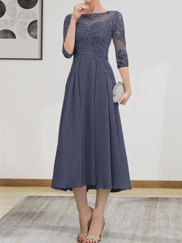 A-line Scoop Illusion Tea-Length Chiffon Lace Mother of the Bride Dress With Beading Sequins by Dreamylily