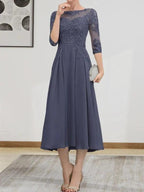 A-line Scoop Illusion Tea-Length Chiffon Lace Mother of the Bride Dress With Beading Sequins by Dreamylily