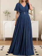 A-line V-Neck Floor-Length Chiffon Mother of the Bride Dress With Crystal Brooch Pleated by Dreamylily