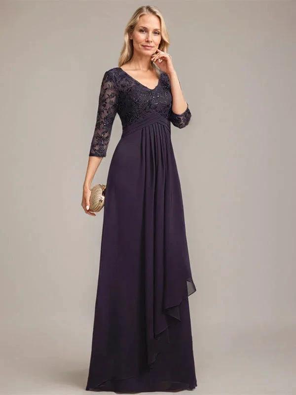 A-line V-Neck Floor-Length Lace Chiffon Mother of the Bride Dress With Cascading Ruffles Sequins by Dreamylily