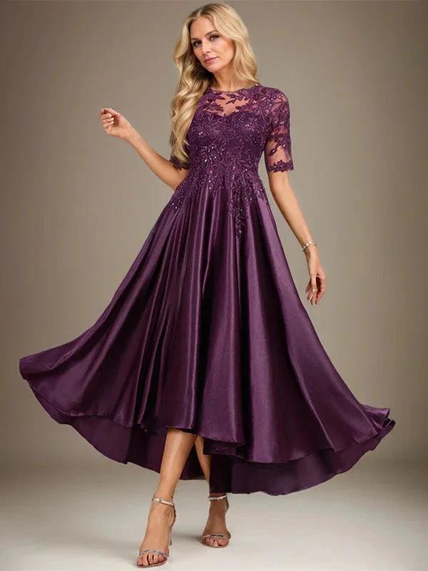 A-line Scoop Illusion Asymmetrical Stretch Satin Lace Mother of the Bride Dress With Sequins by Dreamylily