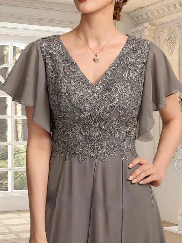 A-line V-Neck Ankle-Length Lace Chiffon Mother of the Bride Dress With Cascading Ruffles by Dreamylily