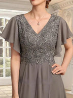 A-line V-Neck Ankle-Length Lace Chiffon Mother of the Bride Dress With Cascading Ruffles by Dreamylily