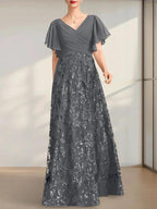 A-line V-Neck Floor-Length Lace Sequin Chiffon Mother of the Bride Dress With Pleated by Dreamylily