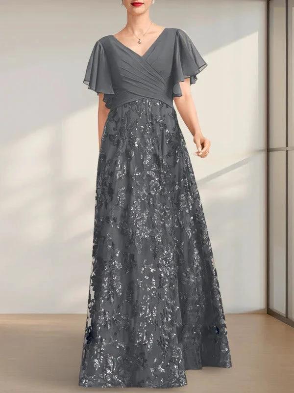 A-line V-Neck Floor-Length Lace Sequin Chiffon Mother of the Bride Dress With Pleated by Dreamylily