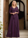A-line V-Neck Floor-Length Chiffon Mother of the Bride Dress With Pleated Beading by Dreamylily