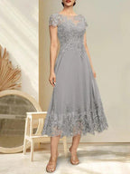 A-line Illusion Scoop Tea-Length Lace Chiffon Mother of the Bride Dress With Sequins by Dreamylily