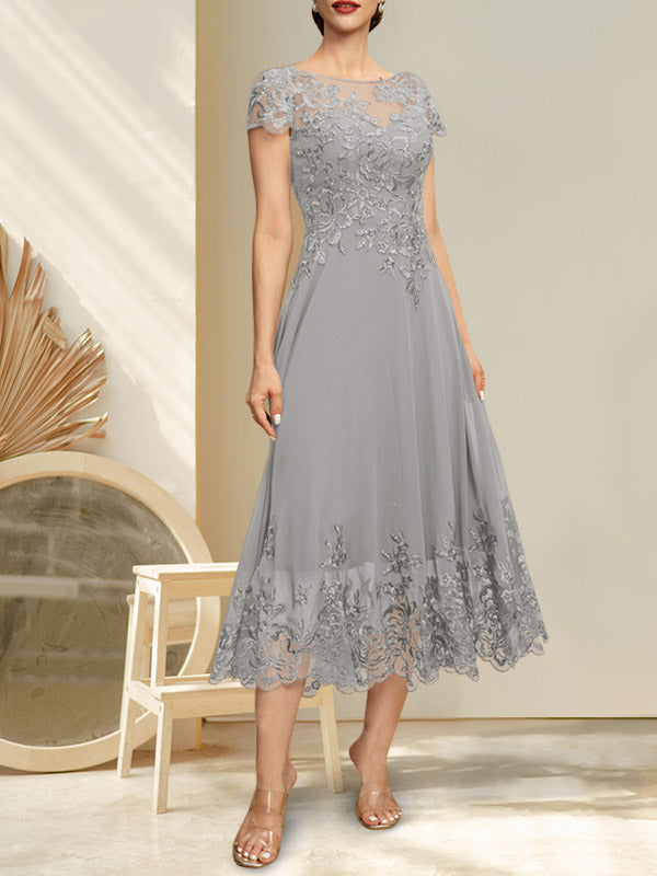 A-line Illusion Scoop Tea-Length Lace Chiffon Mother of the Bride Dress With Sequins Main Image
