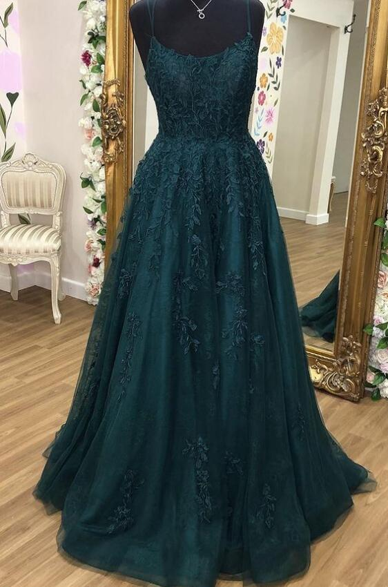 Tulle Lace A-line Scoop Spaghetti Straps Prom Dresses, Evening Dress Y1817