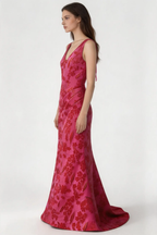 Elegant Crimson Floral Jacquard Two‑Piece Evening Gown with Tailored Jacket by simplepromdress