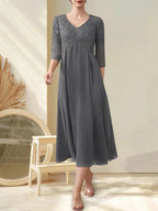 A-line V-Neck Tea-Length Chiffon Lace Mother of the Bride Dress With Beading by Dreamylily