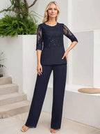 Jumpsuit/Pantsuit Separates Scoop Floor-Length Chiffon Lace Mother of the Bride Dress With Sequins by Dreamylily