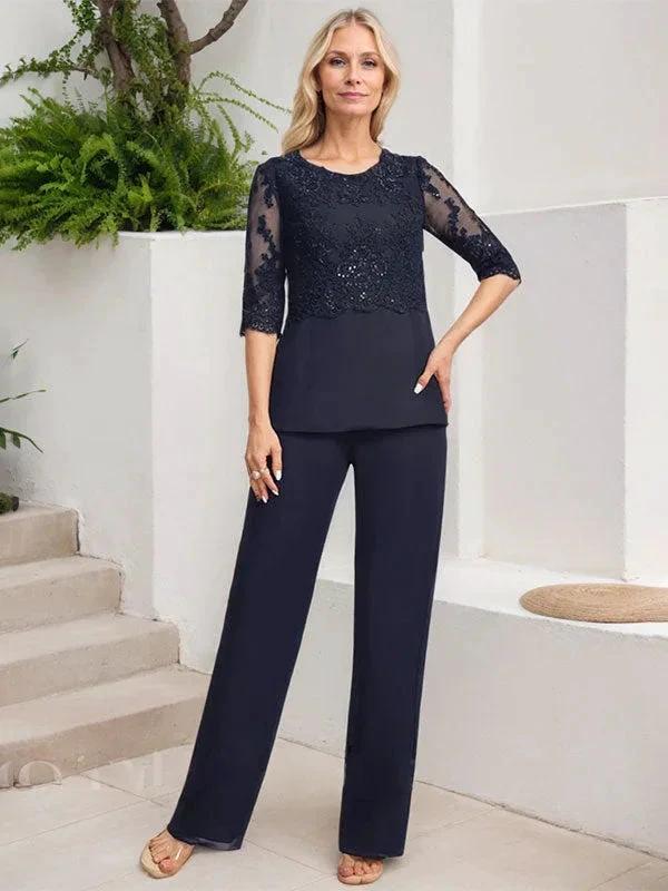 Jumpsuit/Pantsuit Separates Scoop Floor-Length Chiffon Lace Mother of the Bride Dress With Sequins by Dreamylily