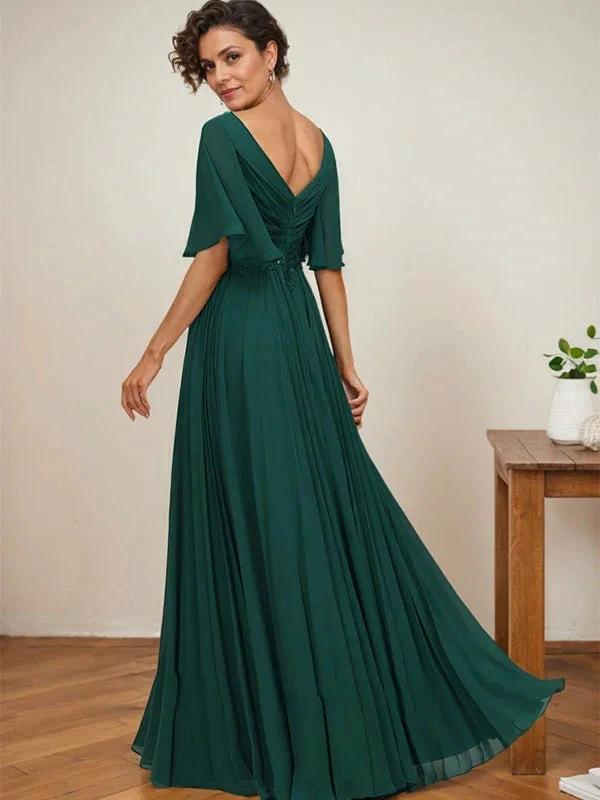 A-line V-Neck Floor-Length Chiffon Mother of the Bride Dress With Sequins Appliques Lace Pleated by Dreamylily